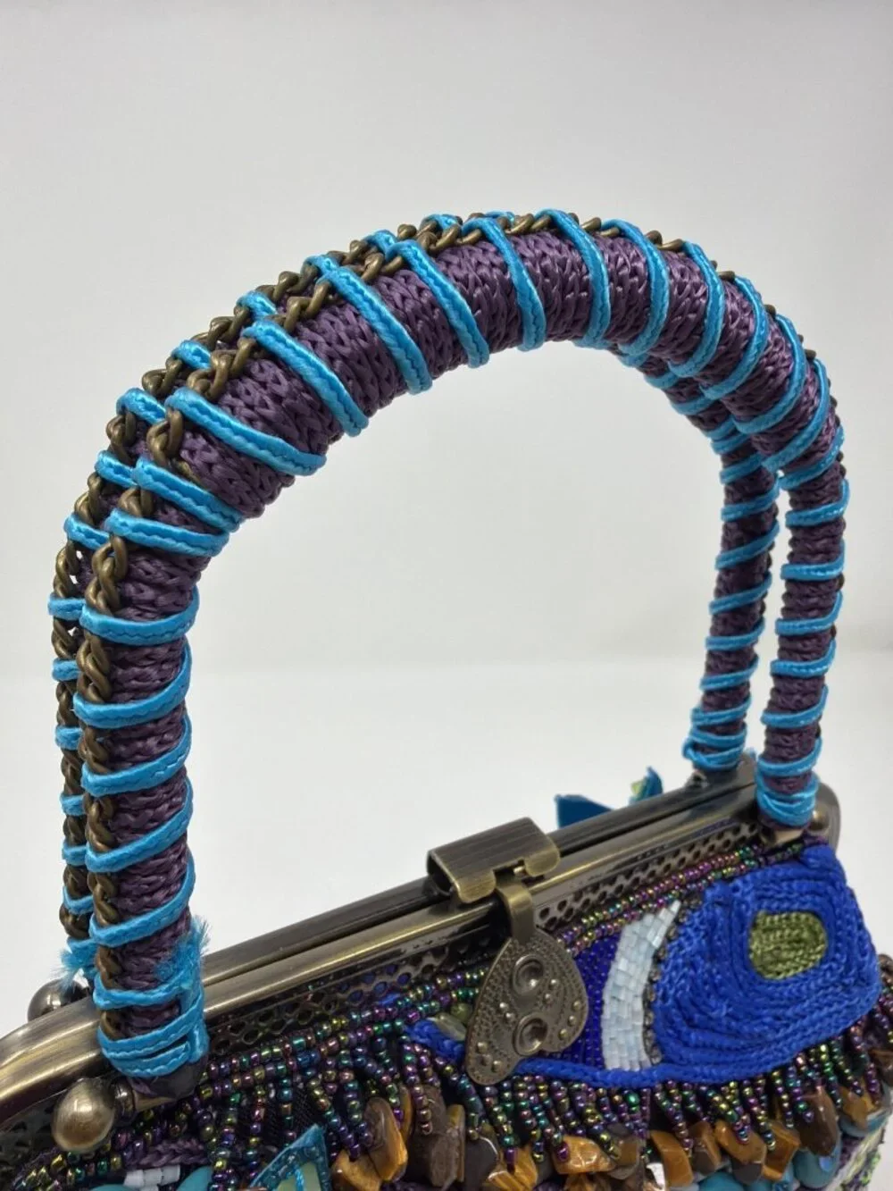 Chico's Beaded Evening Bag Blue Purple Floral Embellished Top Handle Purse - Picture 11 of 16